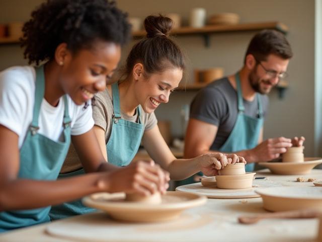 Teilnehmer in einem Keramik-Workshop formen Ton, symbolisiert das Lernen und Kreieren