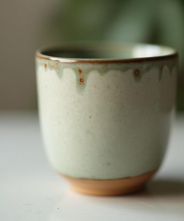 Detailaufnahme einer Keramiktasse mit einzigartiger Glasur und Textur