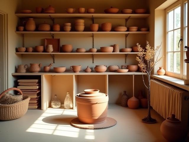 Keramik-Atelier mit Töpferscheibe und fertigen Werken, warmes Licht